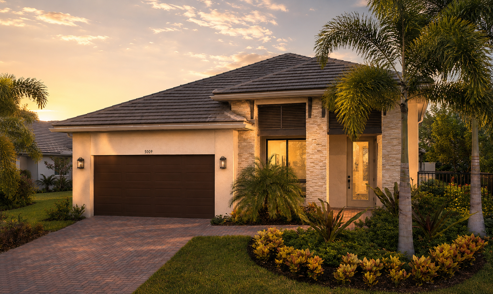 Completed luxury Florida home exterior at golden hour with paver driveway