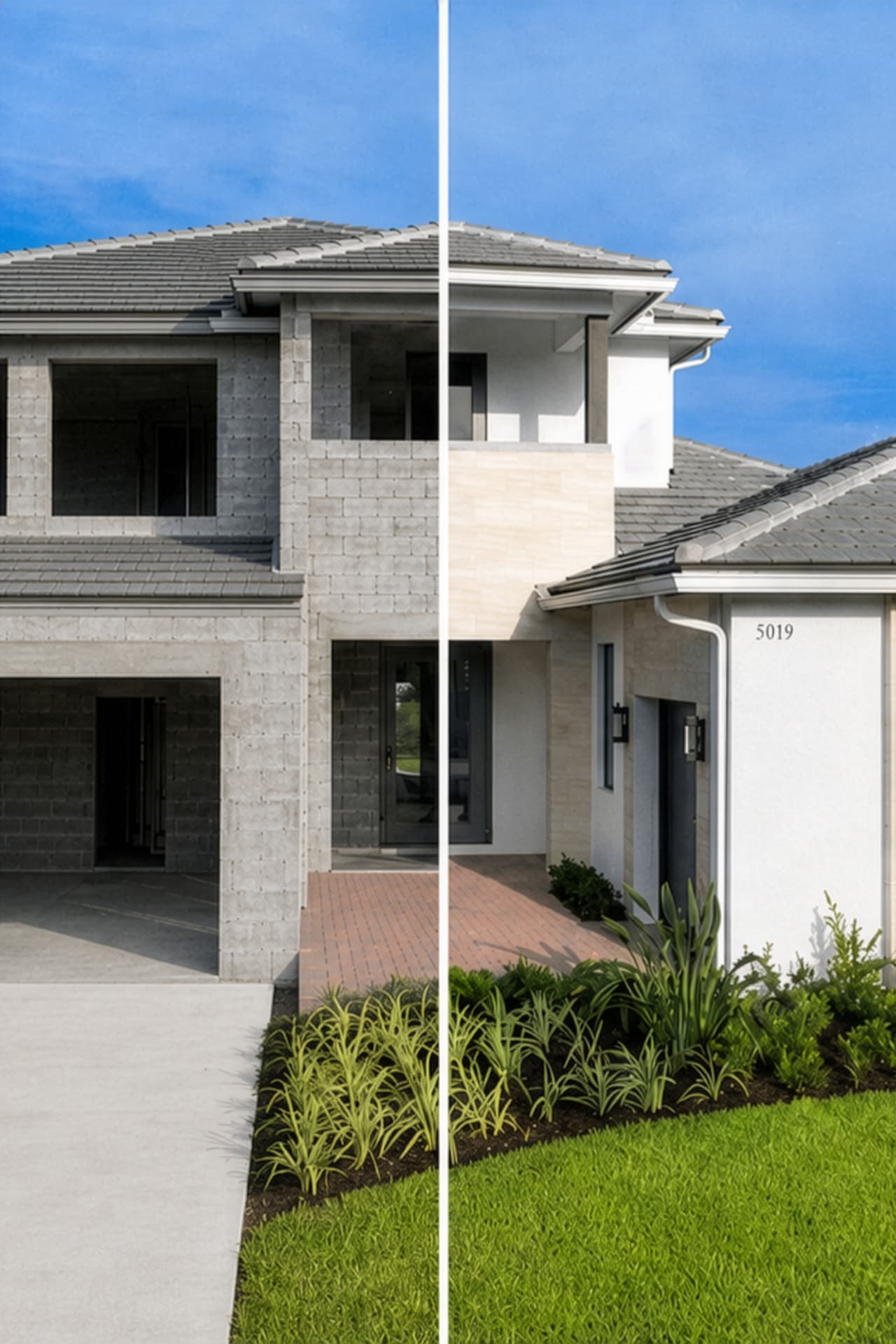 Concrete block home under construction with roof trusses and hurricane tie-downs