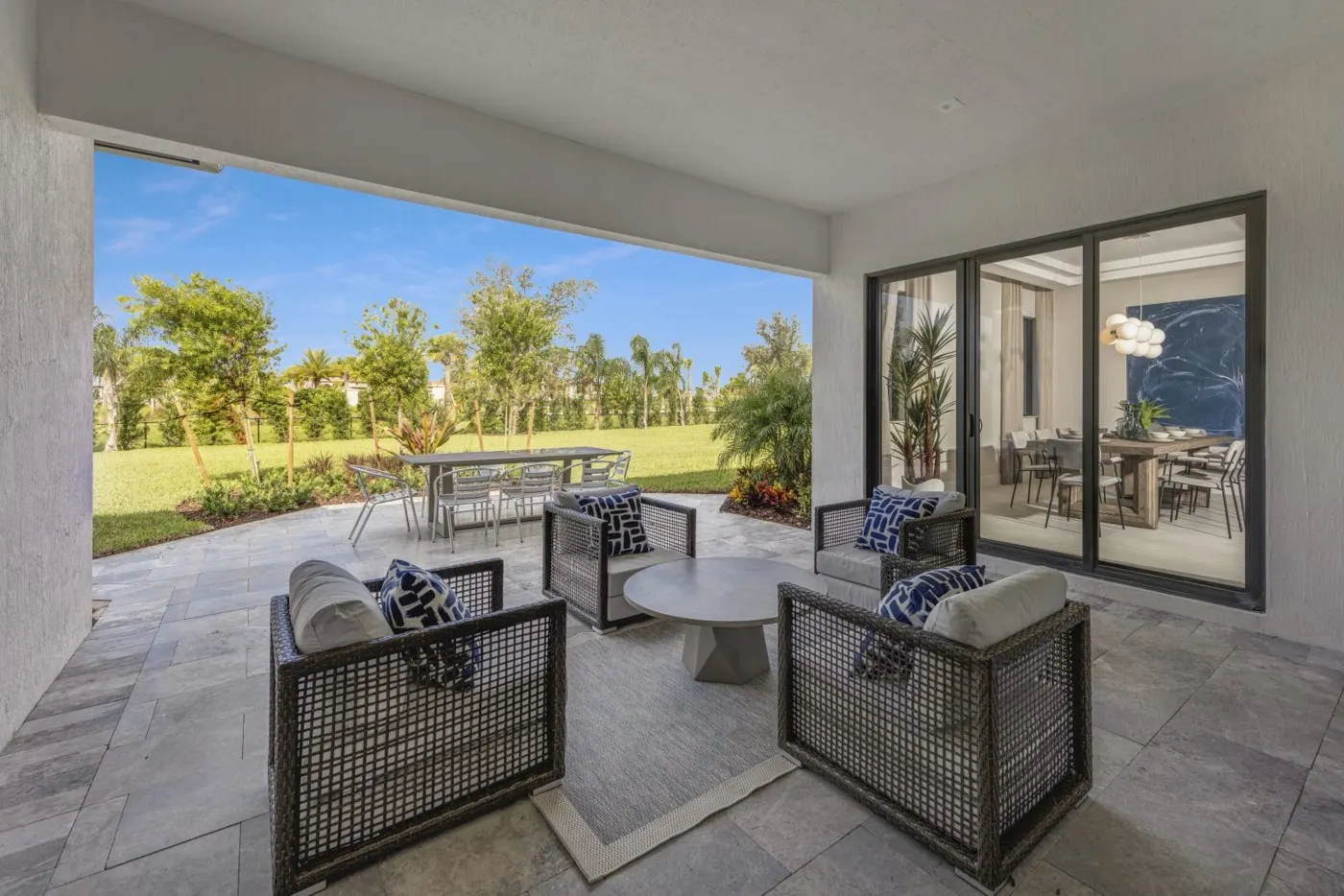 Covered patio overlooking the backyard